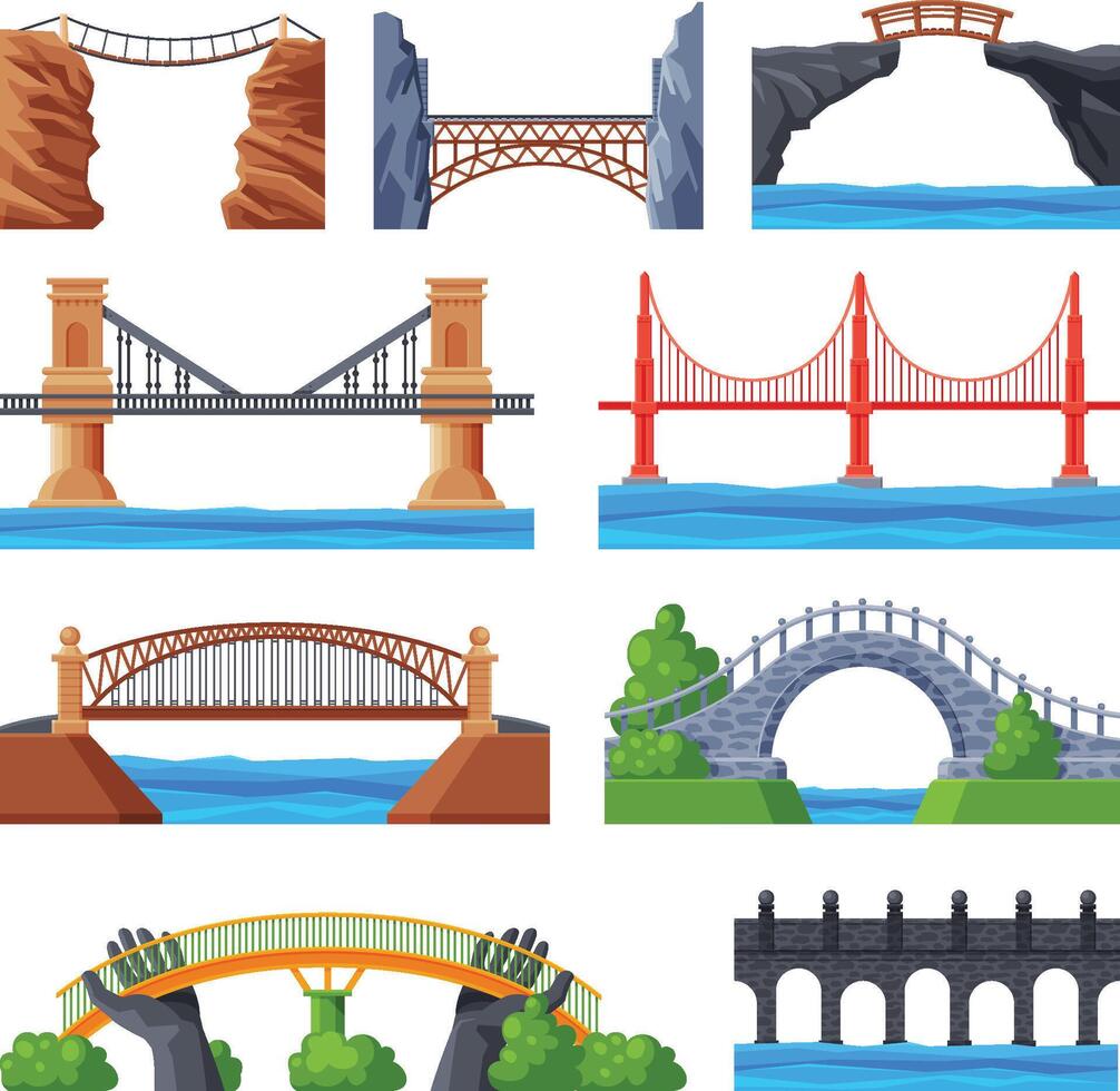 Various Bridges Collection, Urban Architecture Design Elements, Bridge Construction Flat Illustration vector