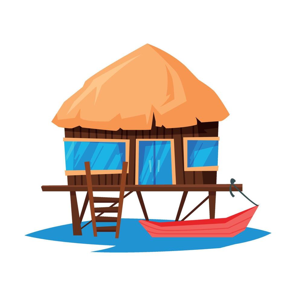 Beach Bungalow on Water of Tropical Sea, Summer Seaside Vacation Wooden Cabin and Boat Illustration vector