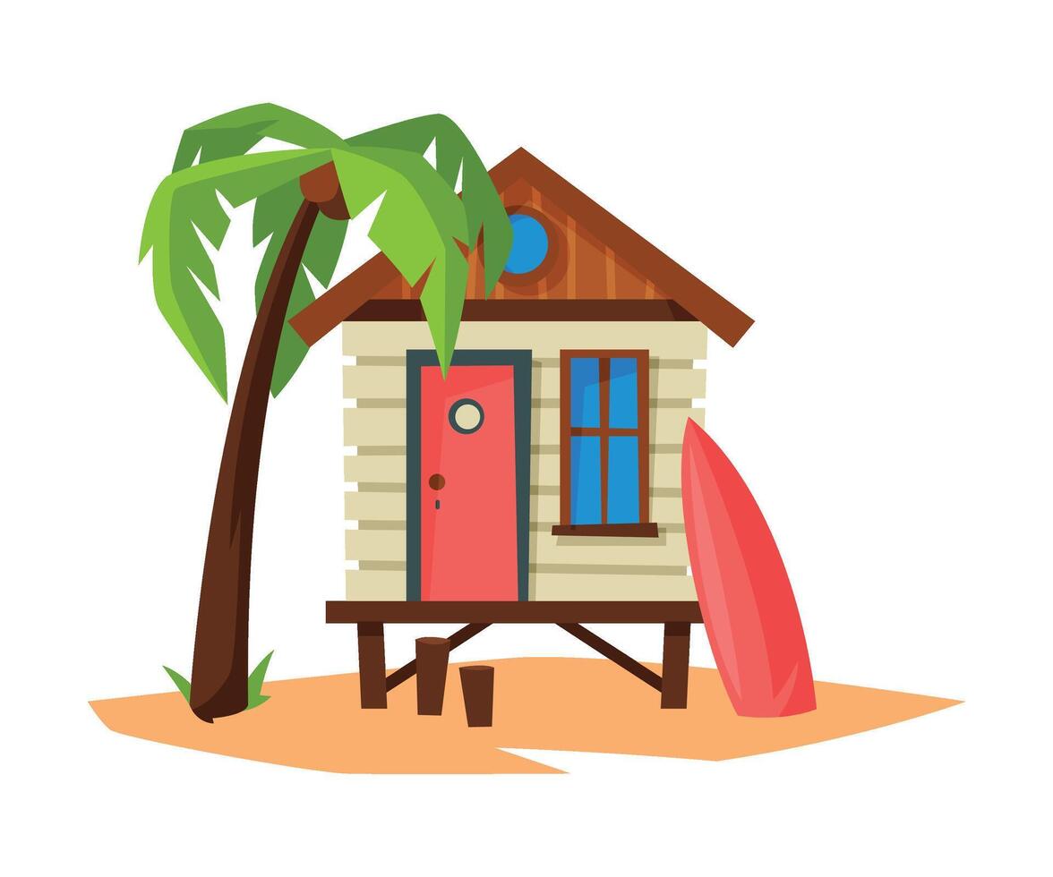 Tropical Beach Bungalow on Sea Coast, Summer Seaside Vacation Wooden Cabin, Palm Tree and Surfboard Illustration vector