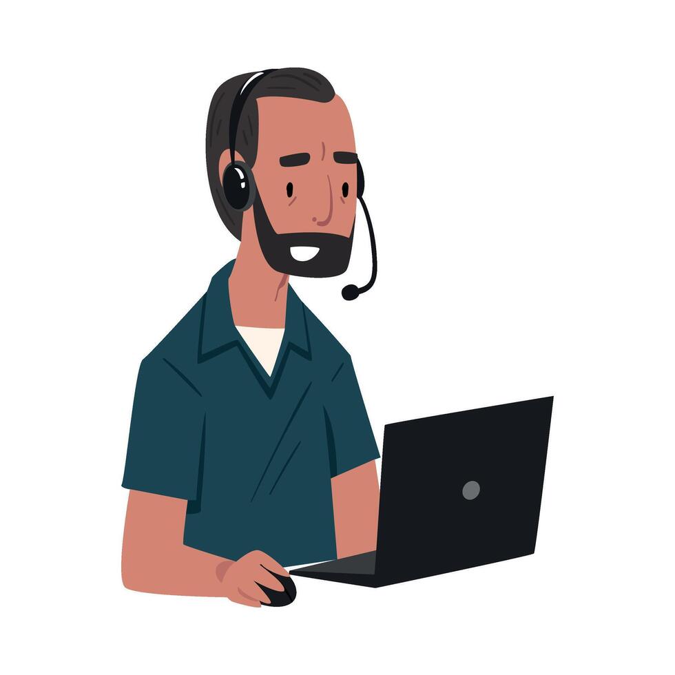 Bearded Man Call Center Operator, Online Customer Support Service Assistant with Headset, Help Desk, Technical Support Illustration vector
