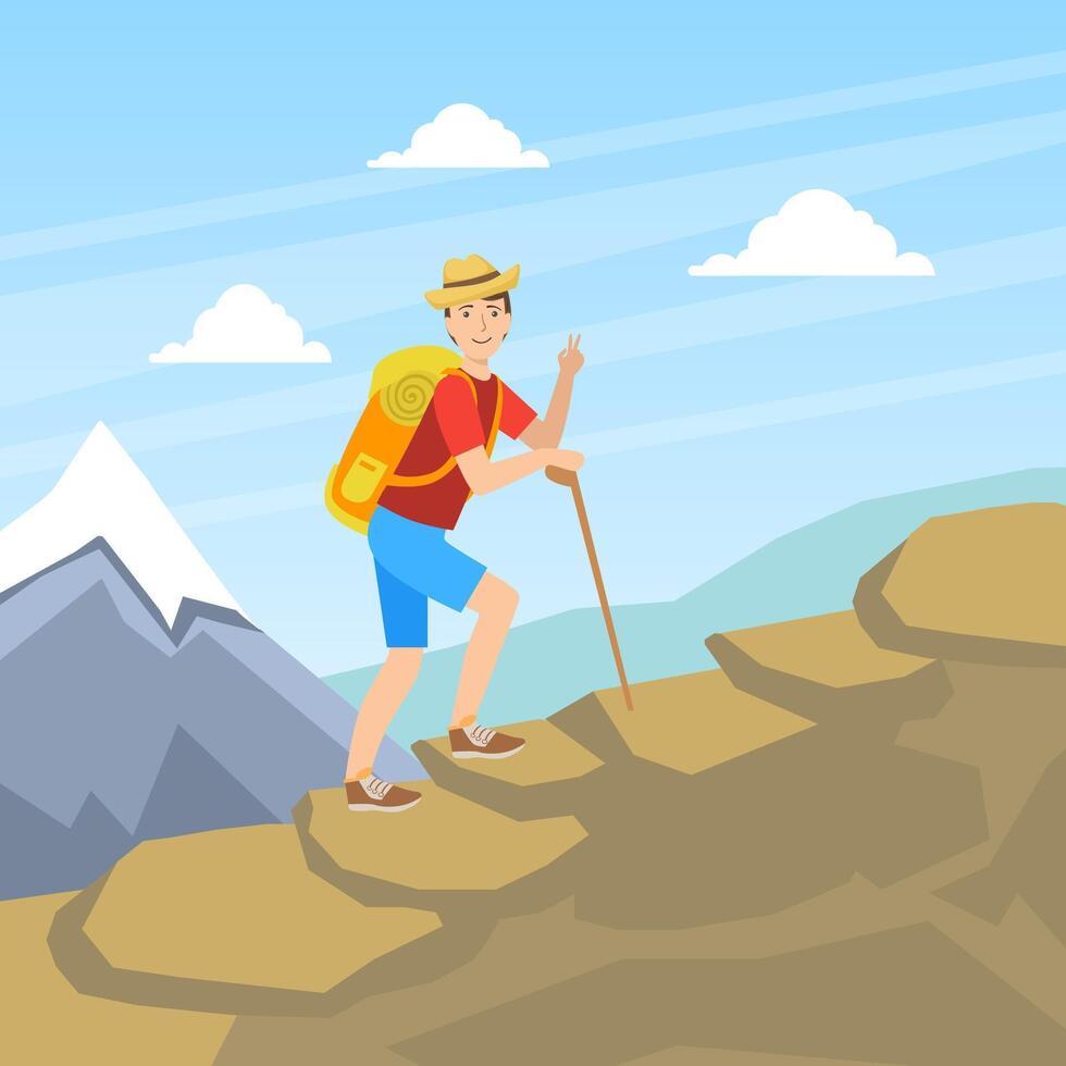 Cheerful Male Tourist Hiking on Nature, Man in Outdoor Mountain Landscape, Summer Holidays Adventure and Exploration illustration vector