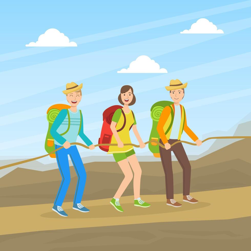 Cheerful Tourists Climbing on Nature, People in Outdoor Mountain Landscape, Summer Holidays Adventure illustration vector