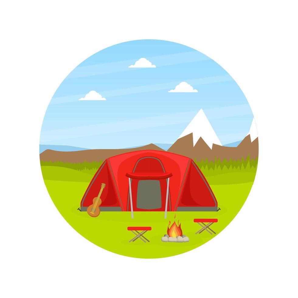 Red Tourist Tent and Campfire on Natural Mountain Landscape, Summer Outdoor Activities Illustration vector
