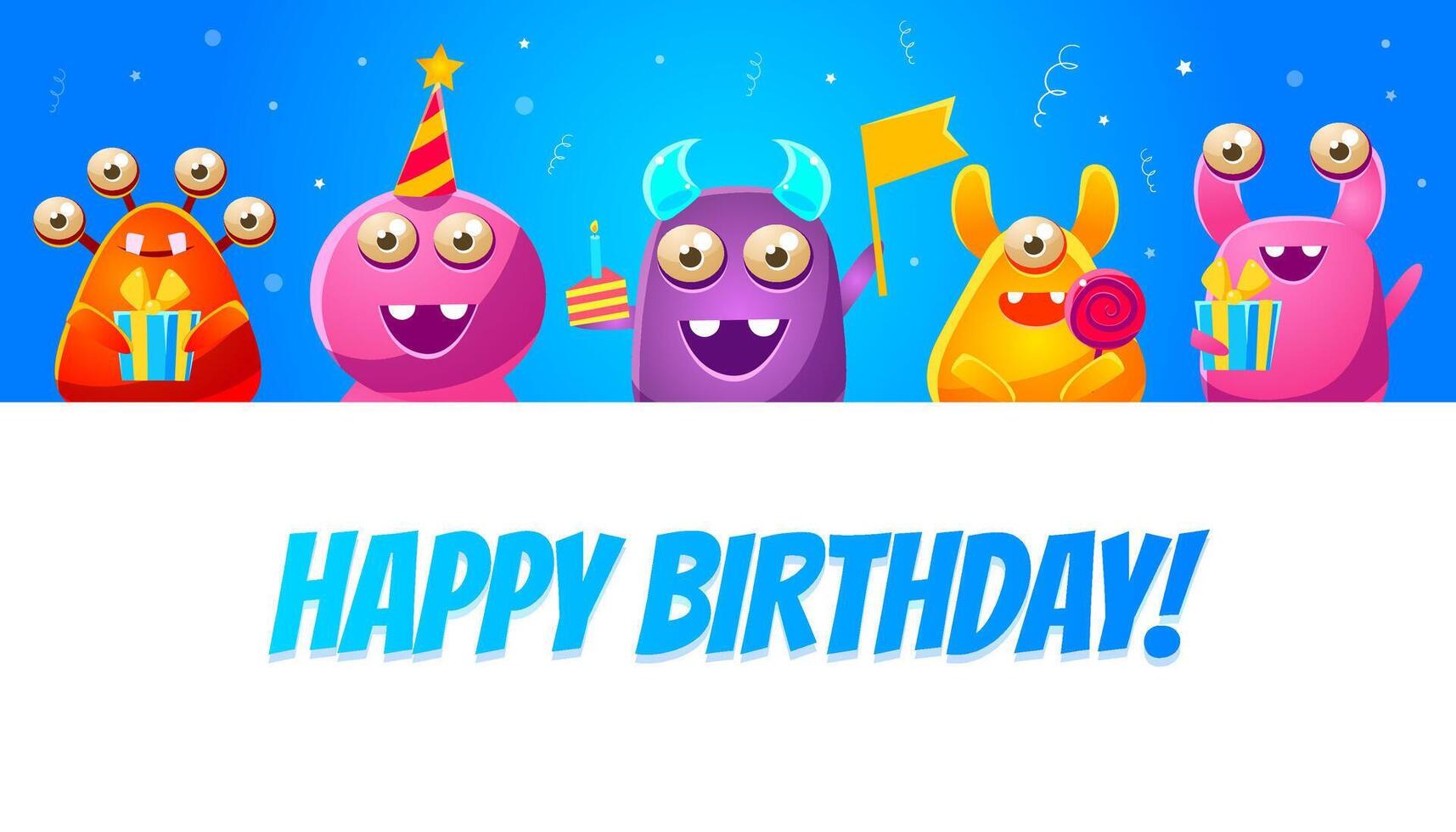 Happy Birthday Banner Template with Cute Funny Monsters Characters, Monster Party Poster, Flyer, Invitation Card Illustratio vector