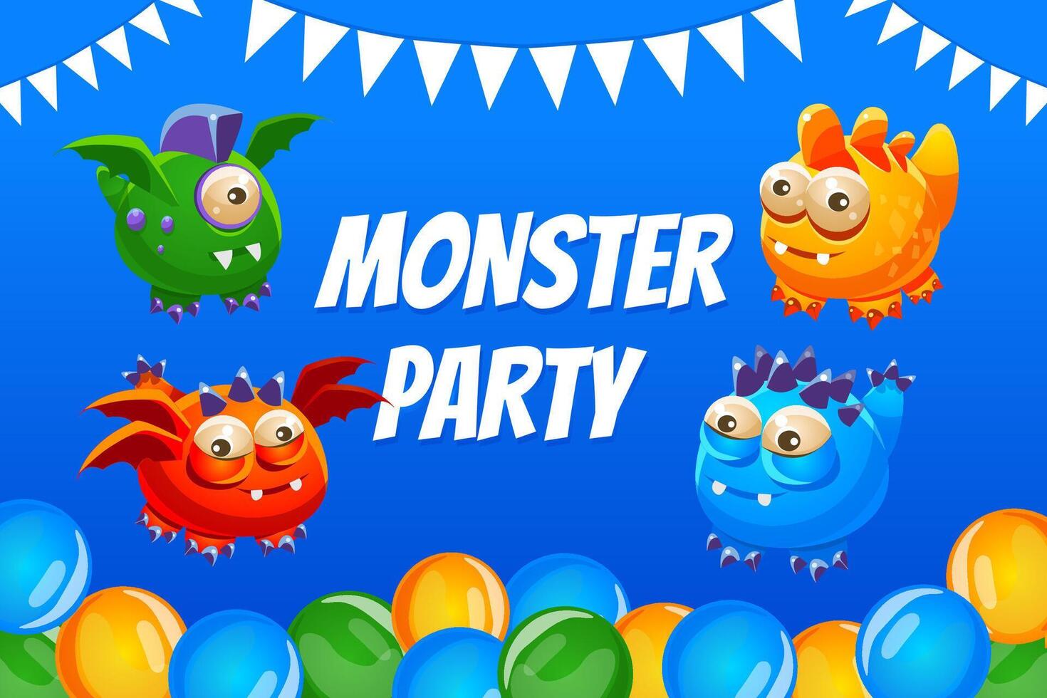 Monster Party Banner Template with Cute Funny Monsters Characters, Happy Birthday Poster, Flyer, Invitation Card Illustration vector