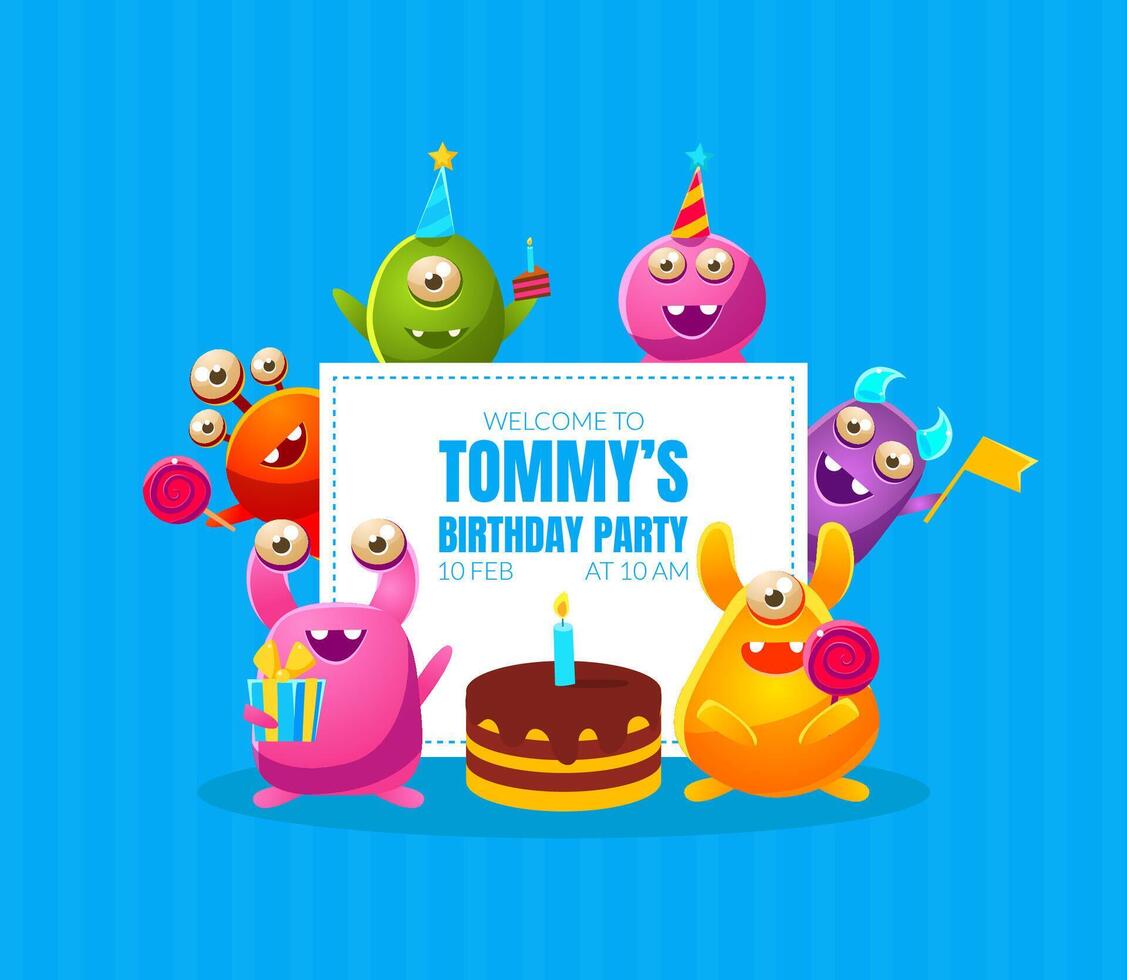 Welcome to Birthday Party Banner Template with Cute Funny Monsters Characters, Monster Party Poster, Flyer, Invitation Card Illustration vector