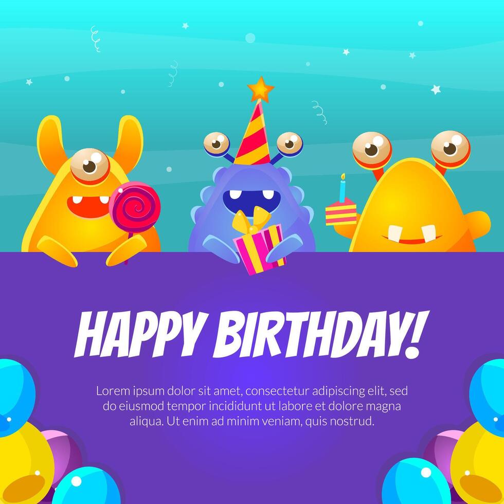 Happy Birthday Banner Template with Cute Funny Monsters and Space for Text, Monster Party Poster, Flyer, Invitation Card Illustration vector