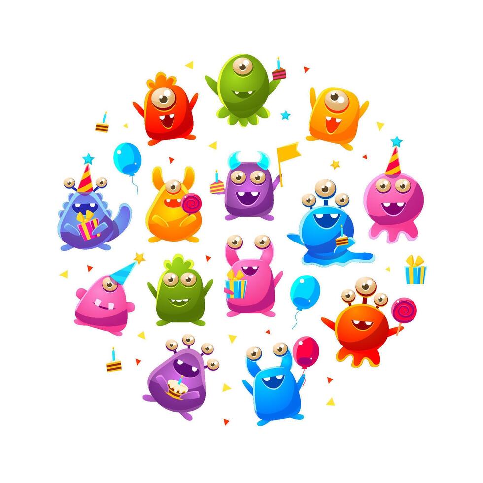 Cute Funny Monsters Characters of Round Shape, Monster Party Poster, Flyer, Invitation Card Design Element Illustration vector