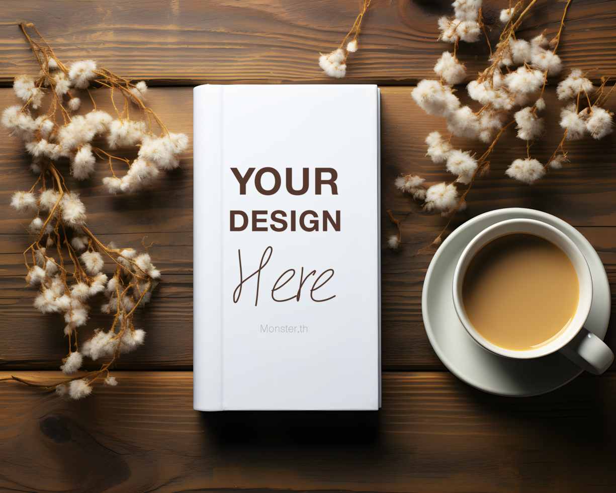 Cozy Coffee and Blank Notebook on Wooden Table with Cotton Flowers psd