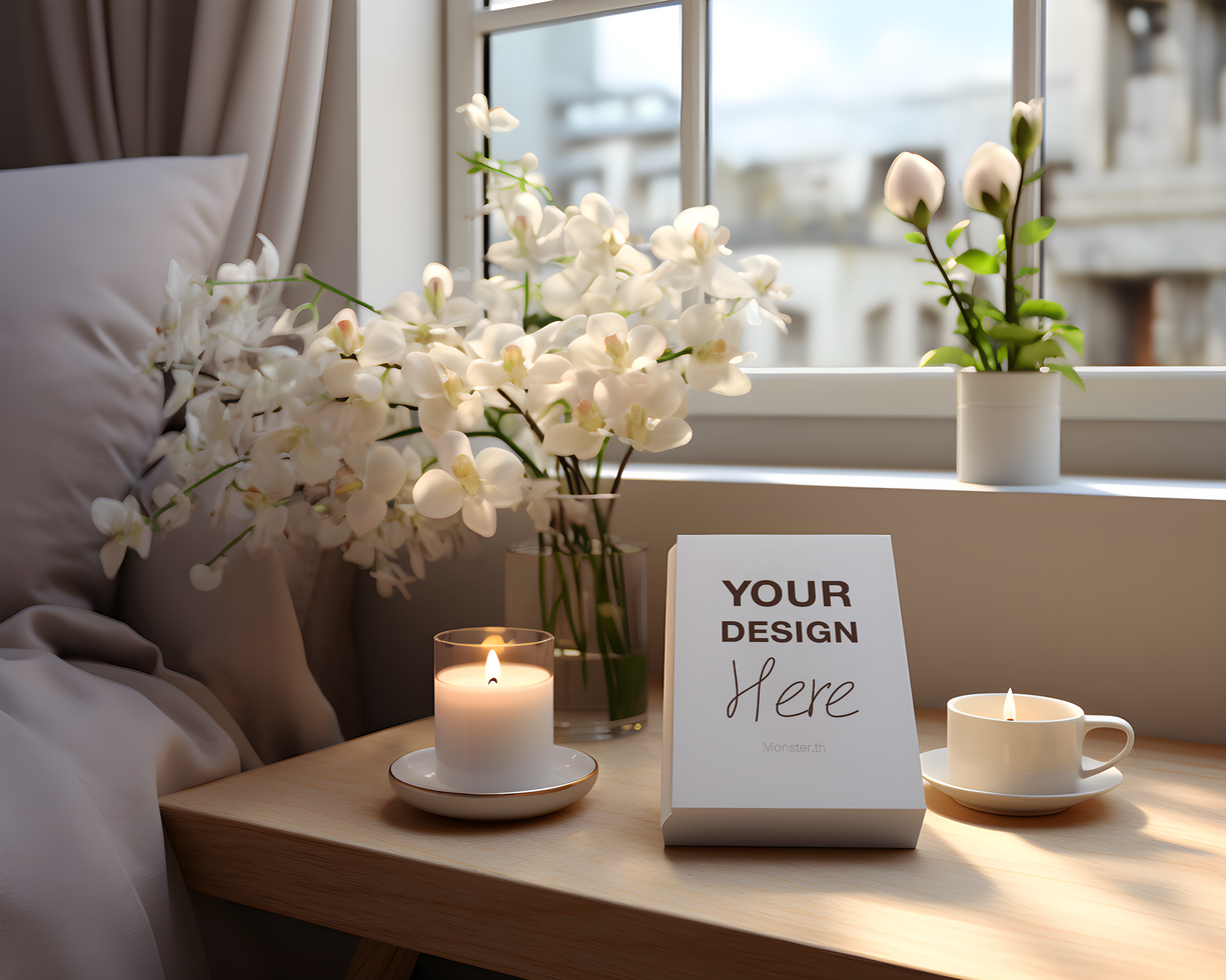 Serene Morning Setup with Flowers, Candles, and a Book by the Window psd