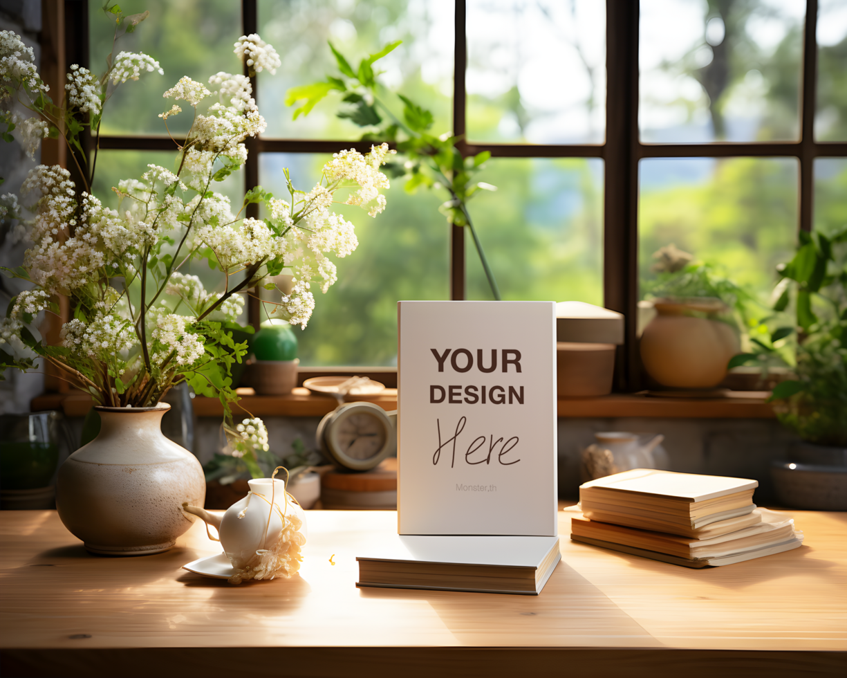 Serene Workspace with Blank Book and Fresh Flowers in Natural Light psd