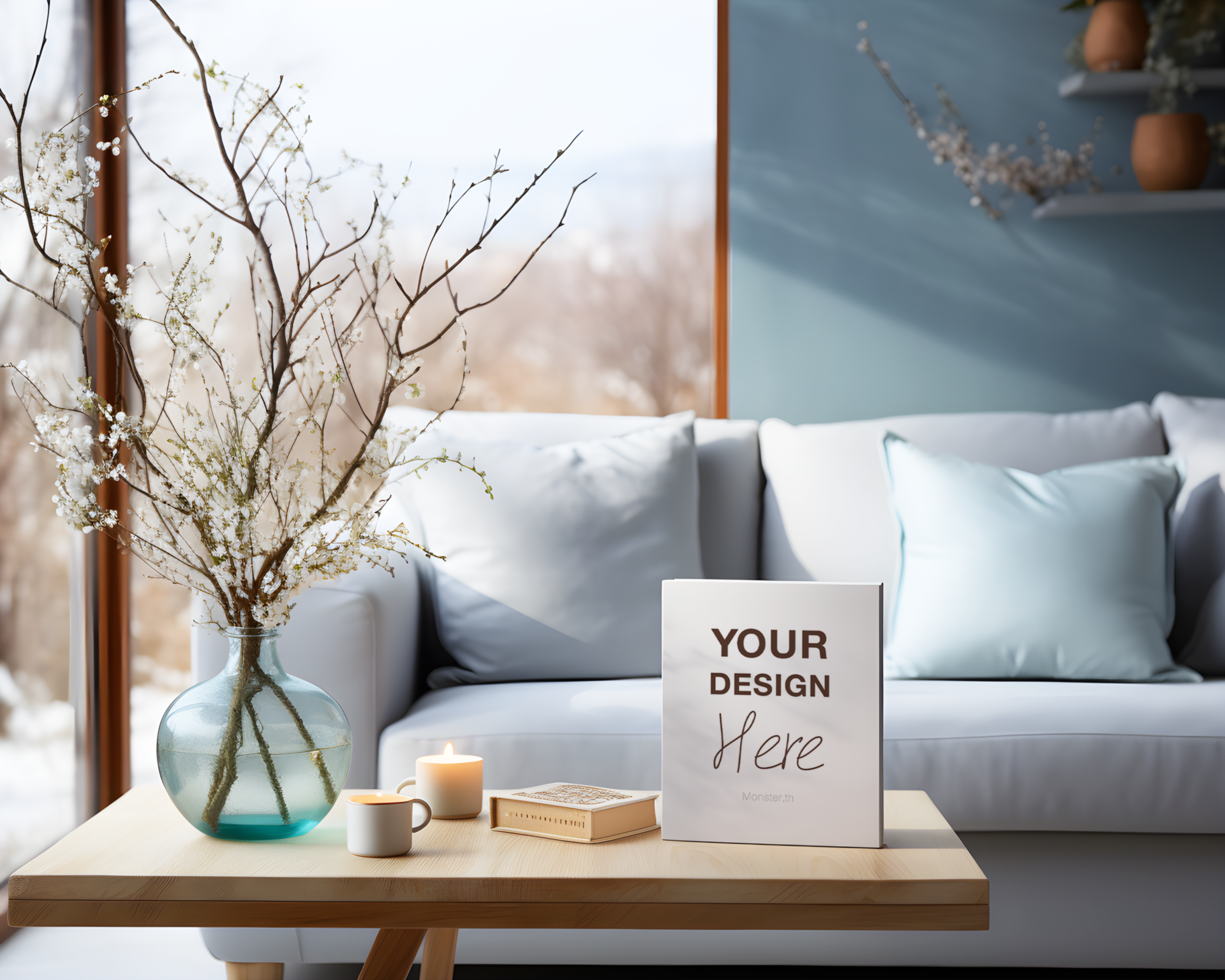 Modern living room with minimalist design and decorative elements psd