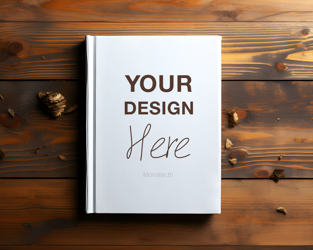 Blank Book on Wooden Table Surrounded by Natural Elements psd