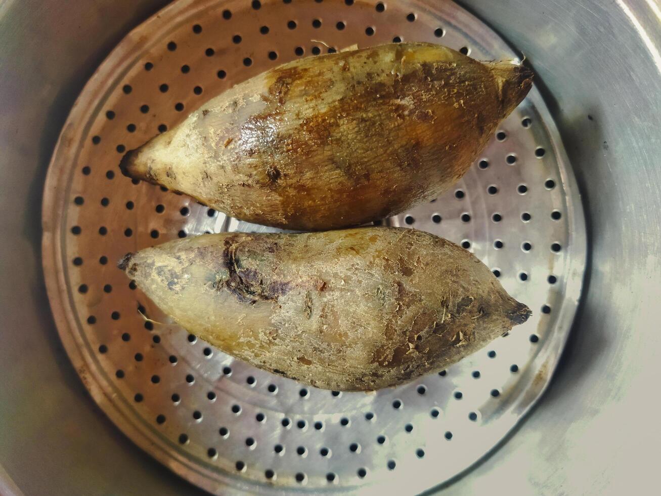 Two Steamed Root Vegetables in a Stainless Steel Steamer Basket photo