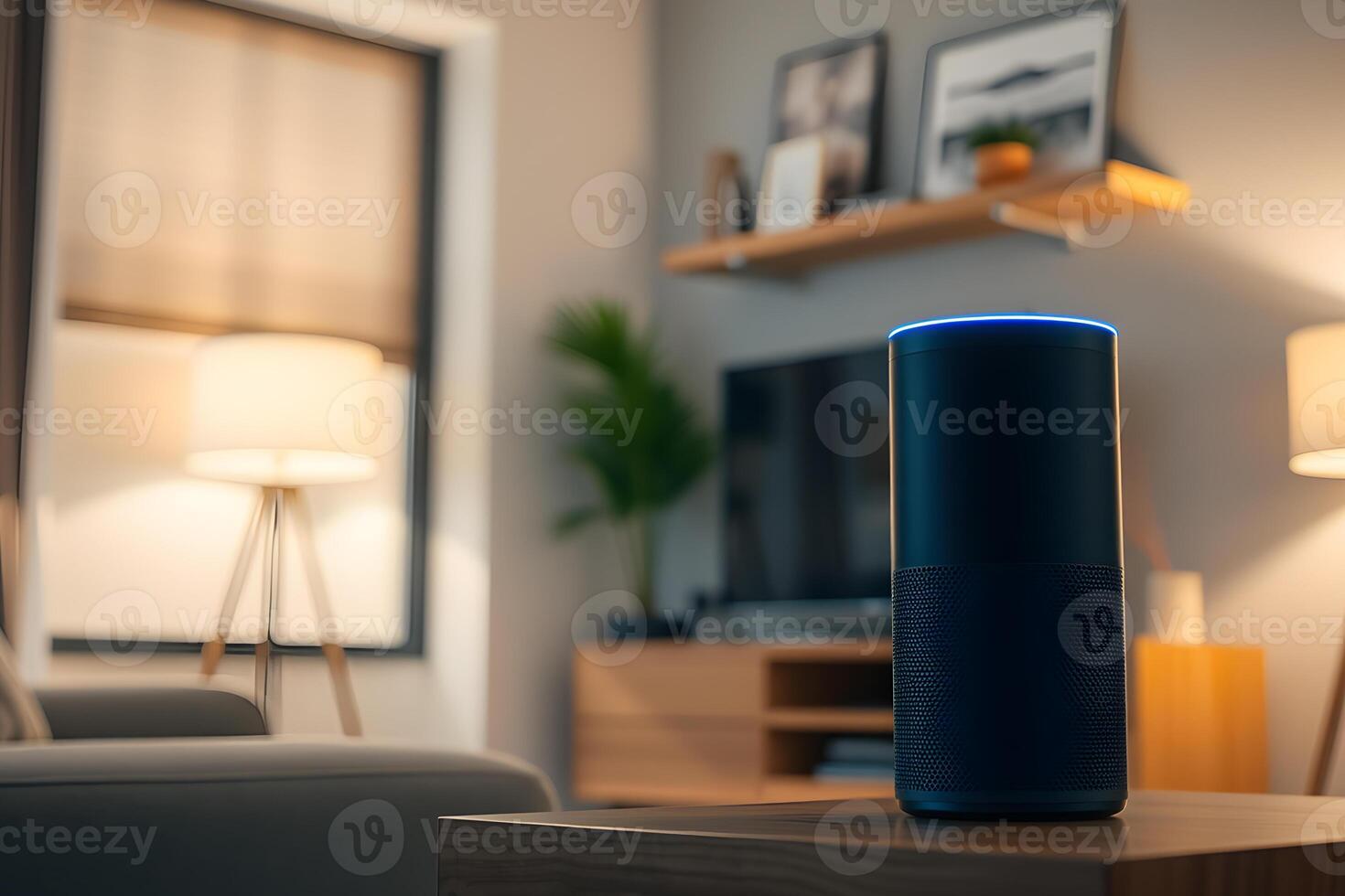 Smart speaker with blue light sits on a table in a cozy living room, symbolizing home automation and modern connected living. photo