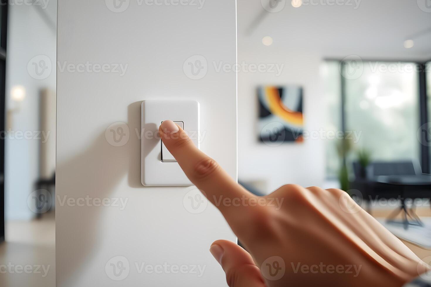 A finger presses a modern light switch on a white wall, showcasing home automation and contemporary interior design in a blurred living space photo