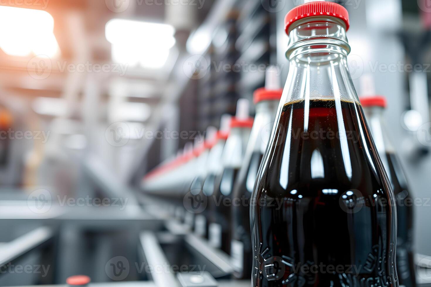 A line of bottled beverages, showcasing the industrial process of bottling and packaging, with a focus on the product's color and form. photo