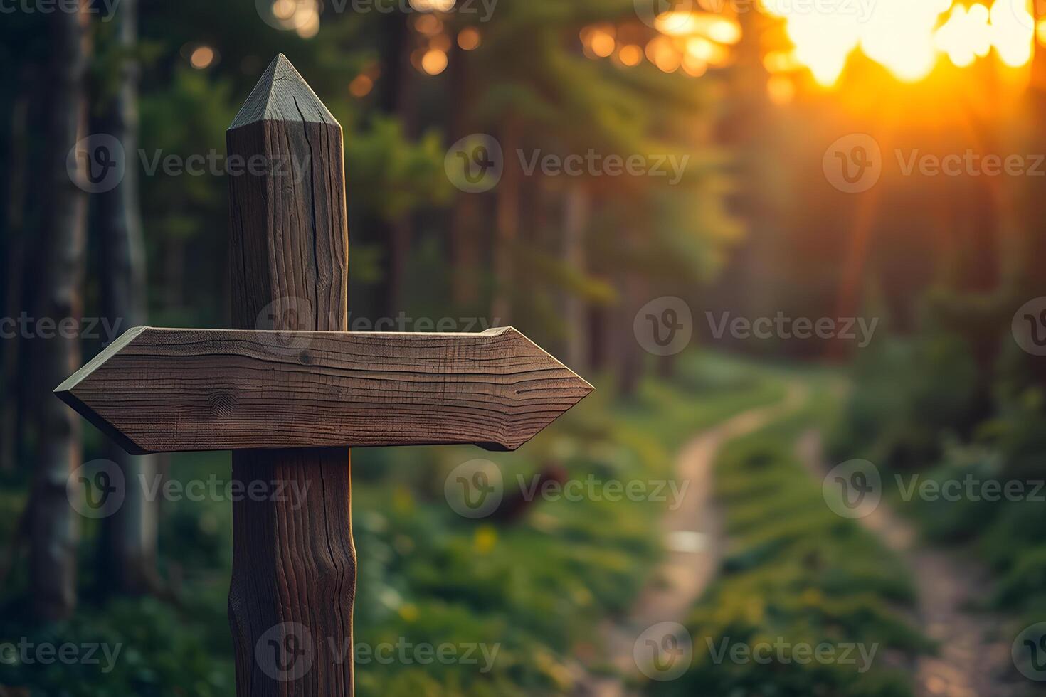 Rustic wooden signpost points the way through a sunlit forest trail, symbolizing choice, journey, and the beauty of nature at sunset. photo
