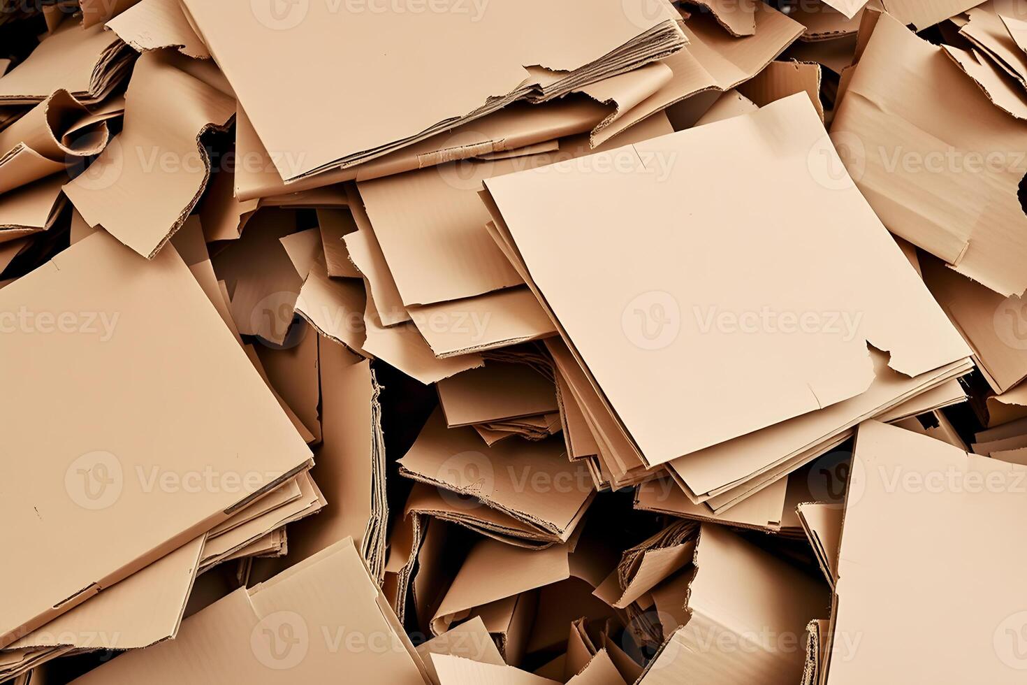 Pile of Torn and Discarded Cardboard Sheets, Showing Texture and Waste, Ideal for Recycling or Industrial Backgrounds, Depicting Material Excess. photo