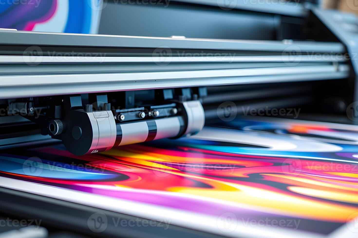 A closeup of a printing press, showcasing the intricate machinery and the process of creating printed materials showcasing the artistry of modern manufacturing and design photo