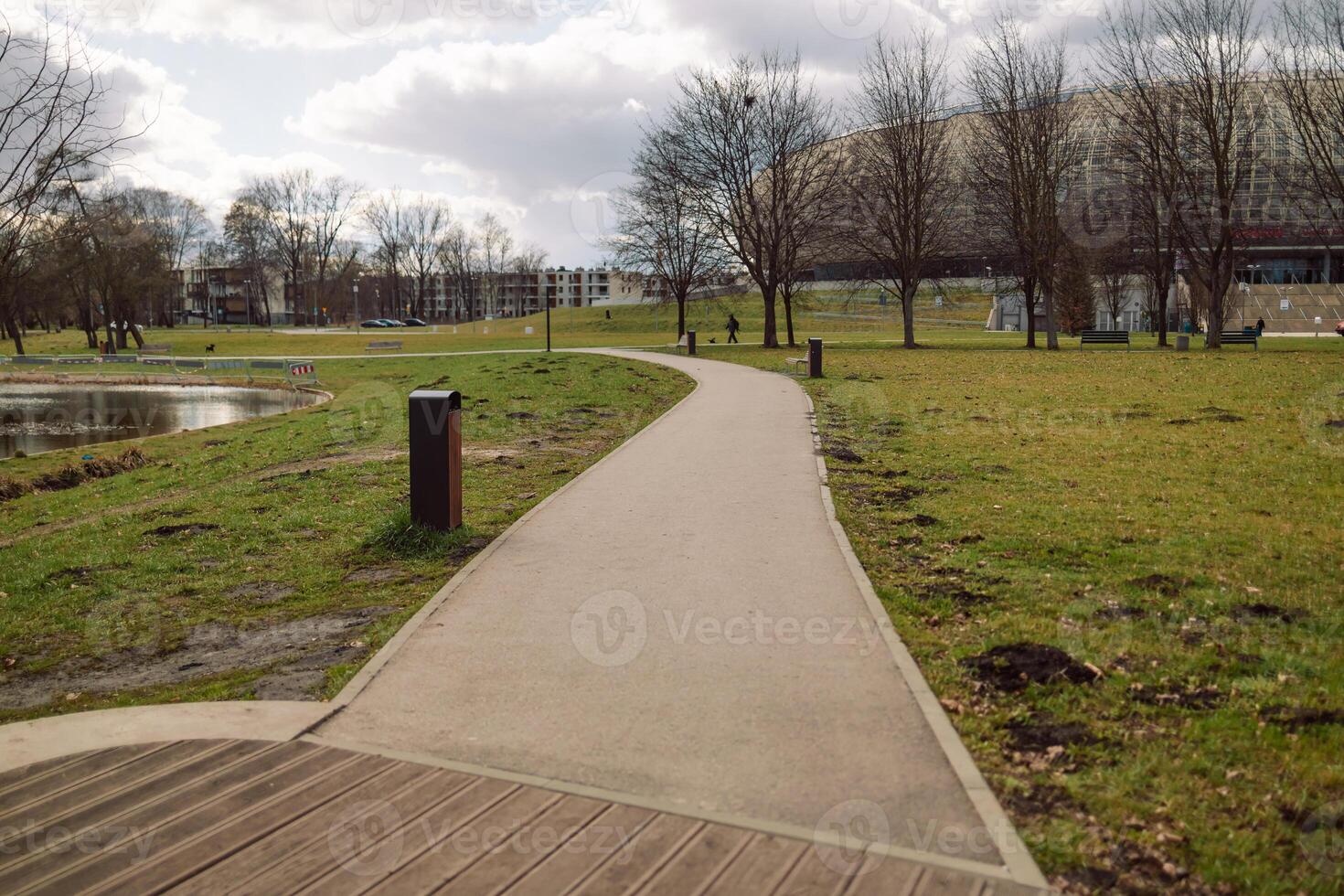 Walking Path in a Park with Grass, Trees, and Scenic View photo