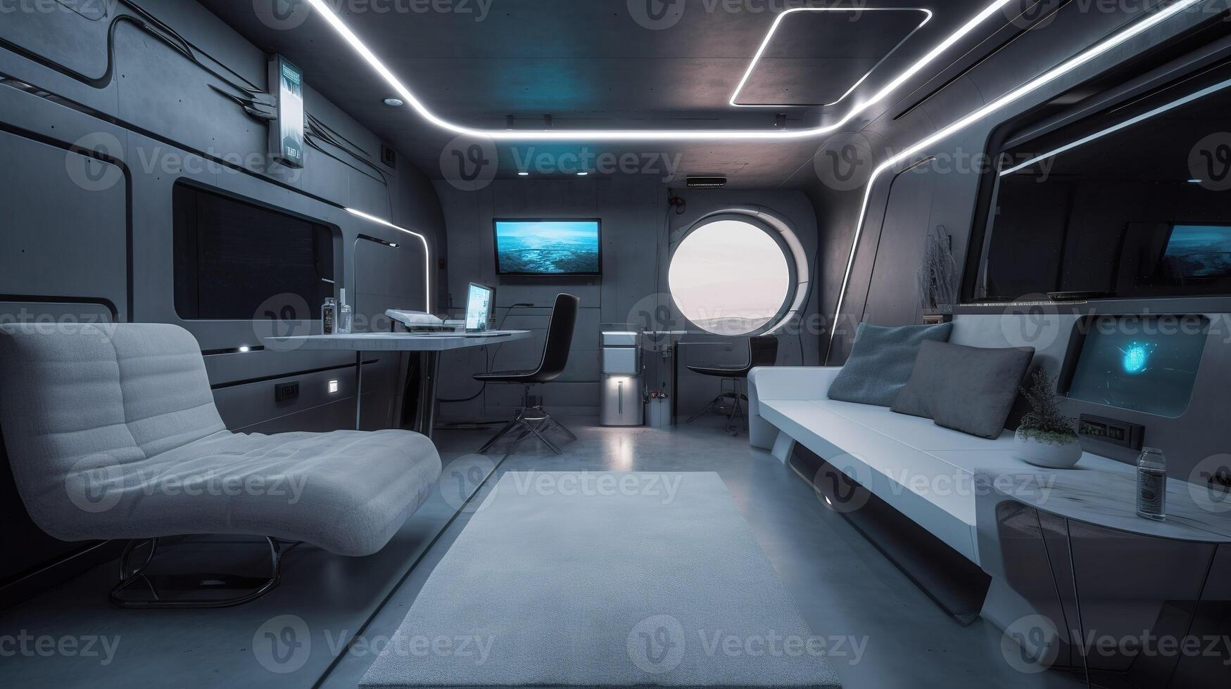 Futuristic interior design showing modern and minimalist spaceship cabin. photo