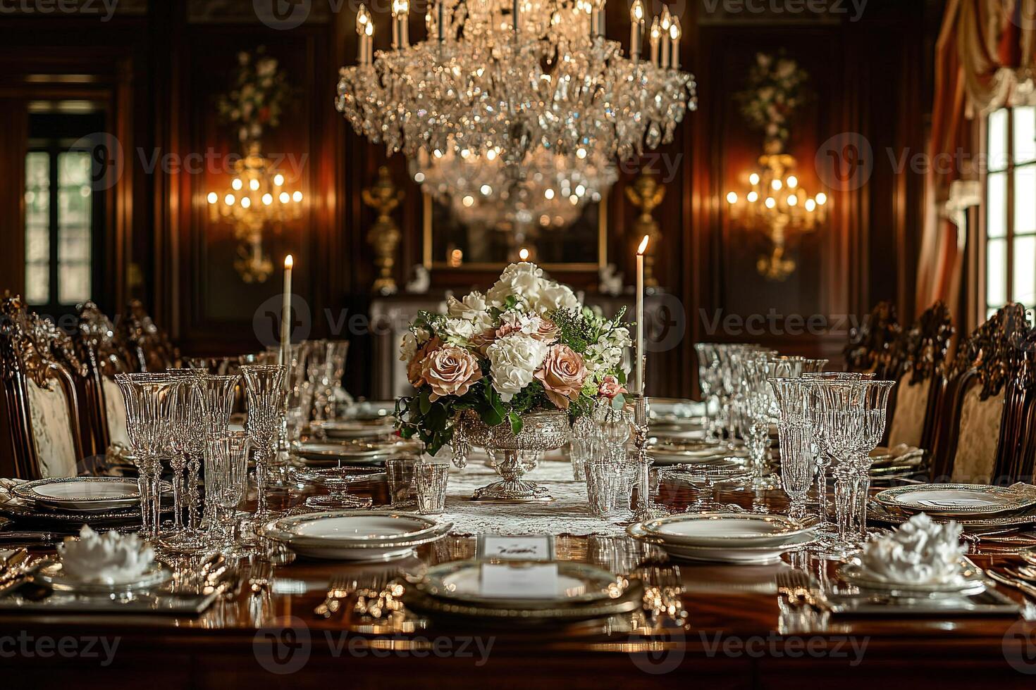 Luxurious dining table setting with crystal chandelier illuminating elegant interior design. photo