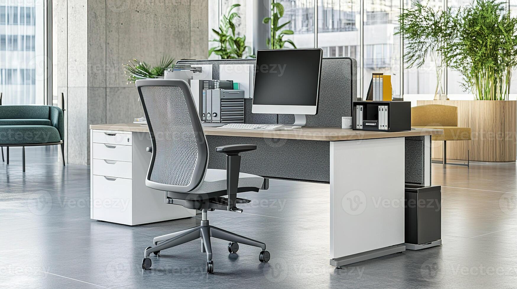Modern office interior showing ergonomic design and natural light. photo