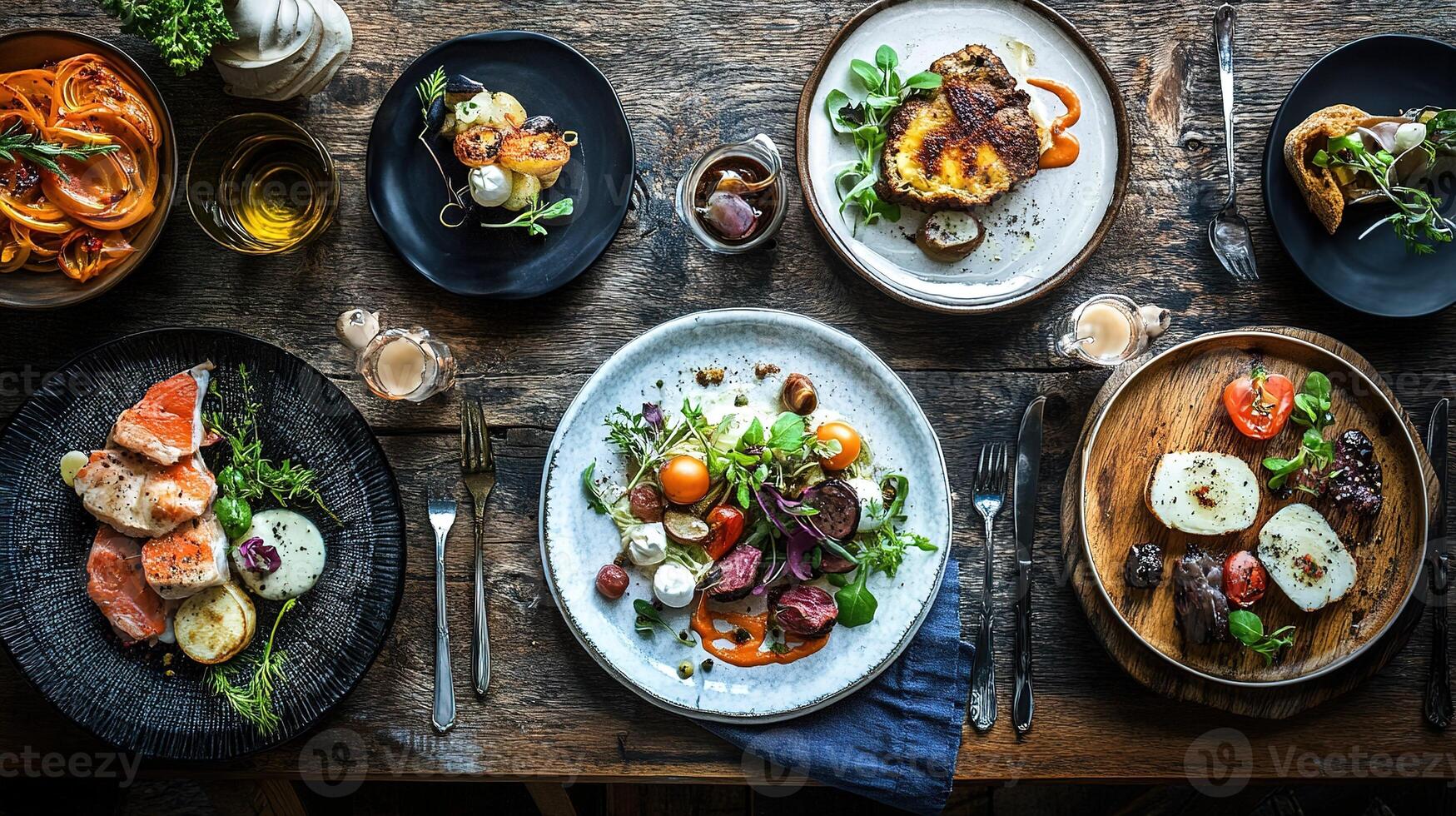 Gourmet dishes served on rustic wooden table for sharing. photo
