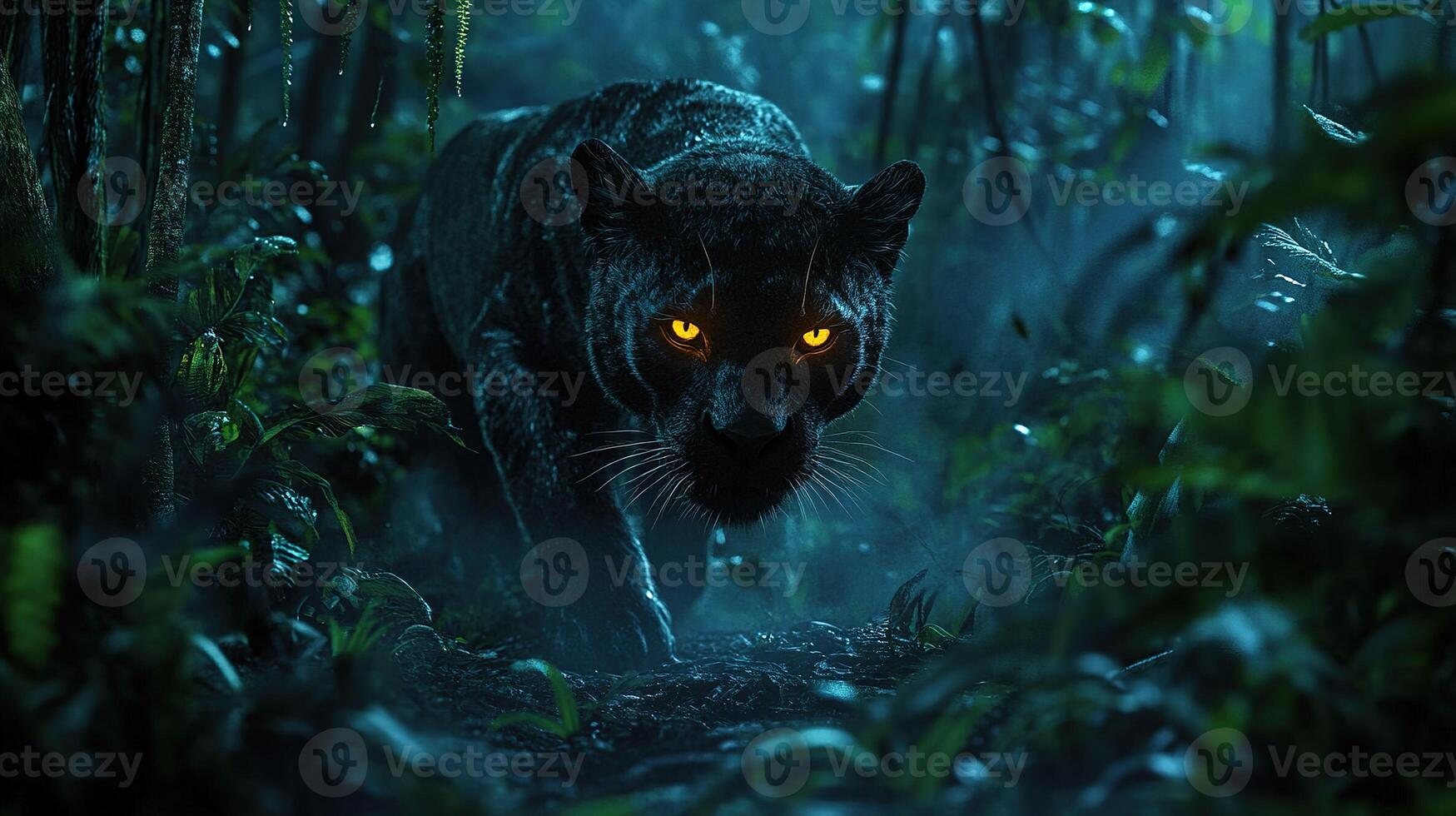 Black panther prowling through dense jungle at night. photo