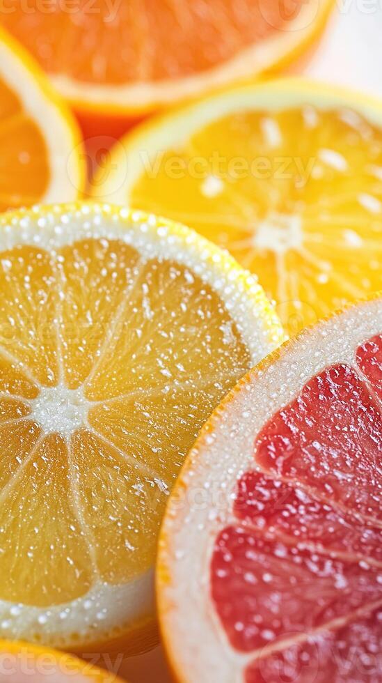 Sliced citrus fruits showing orange, grapefruit and lemon with water droplets. photo