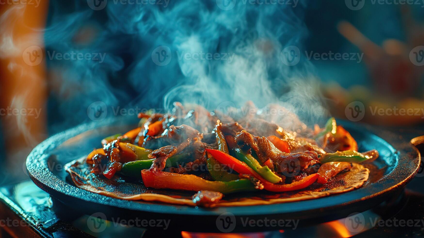 Fajitas with steaming beef and bell peppers cooking on hot plate. photo