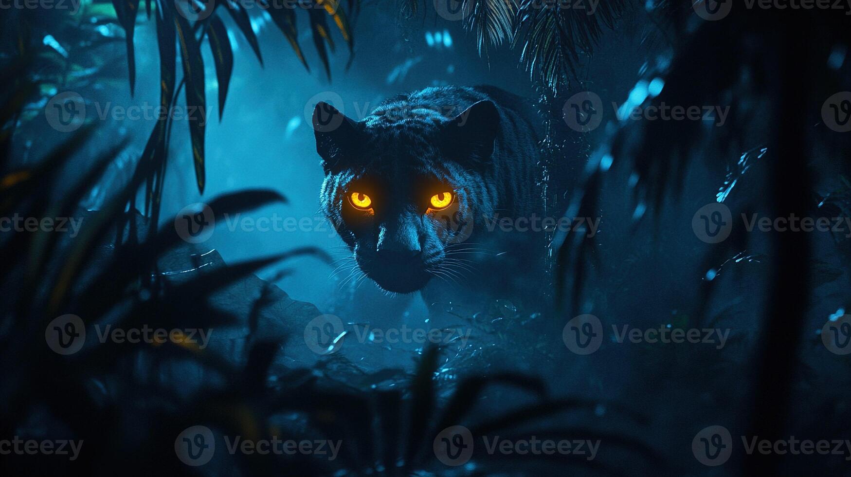 Black leopard prowling in the jungle at night with intense glowing eyes. photo