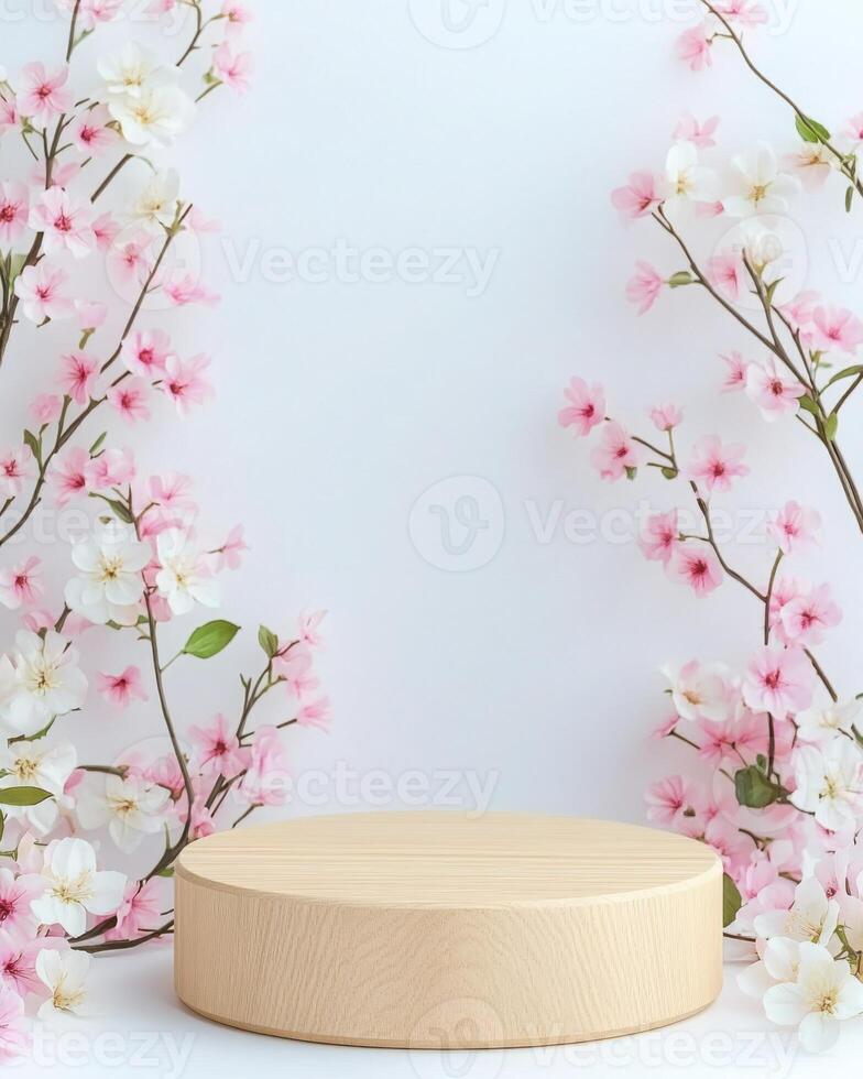 Wooden podium with spring blossoms photo