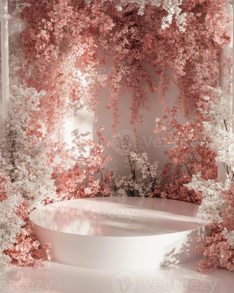 Romantic pink floral podium with soft light photo