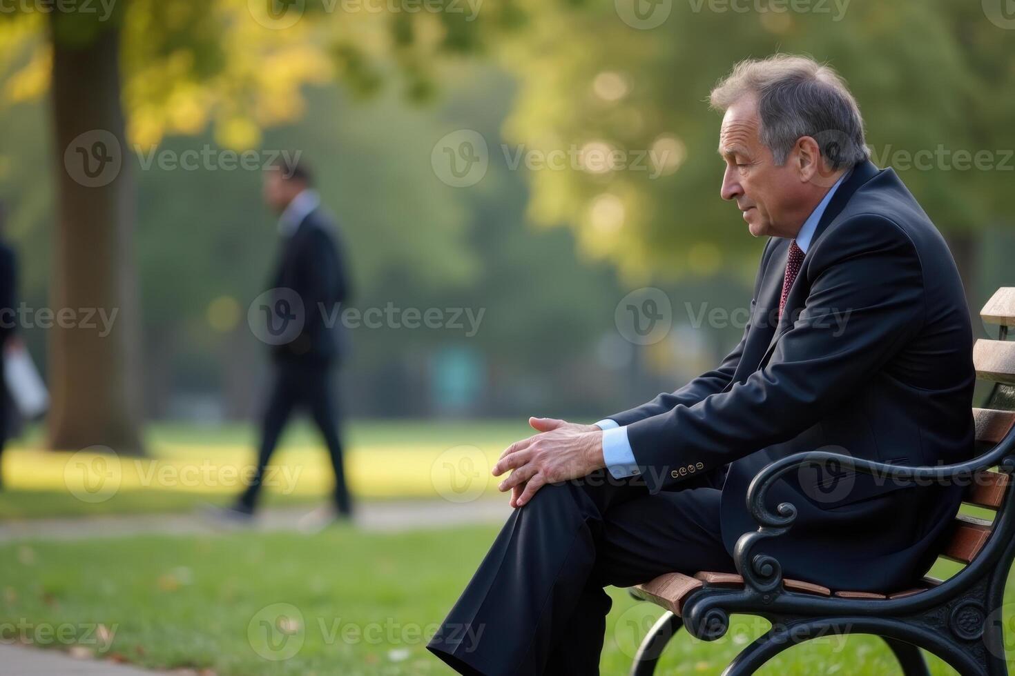 A man in a suit and tie sitting on a bench photo
