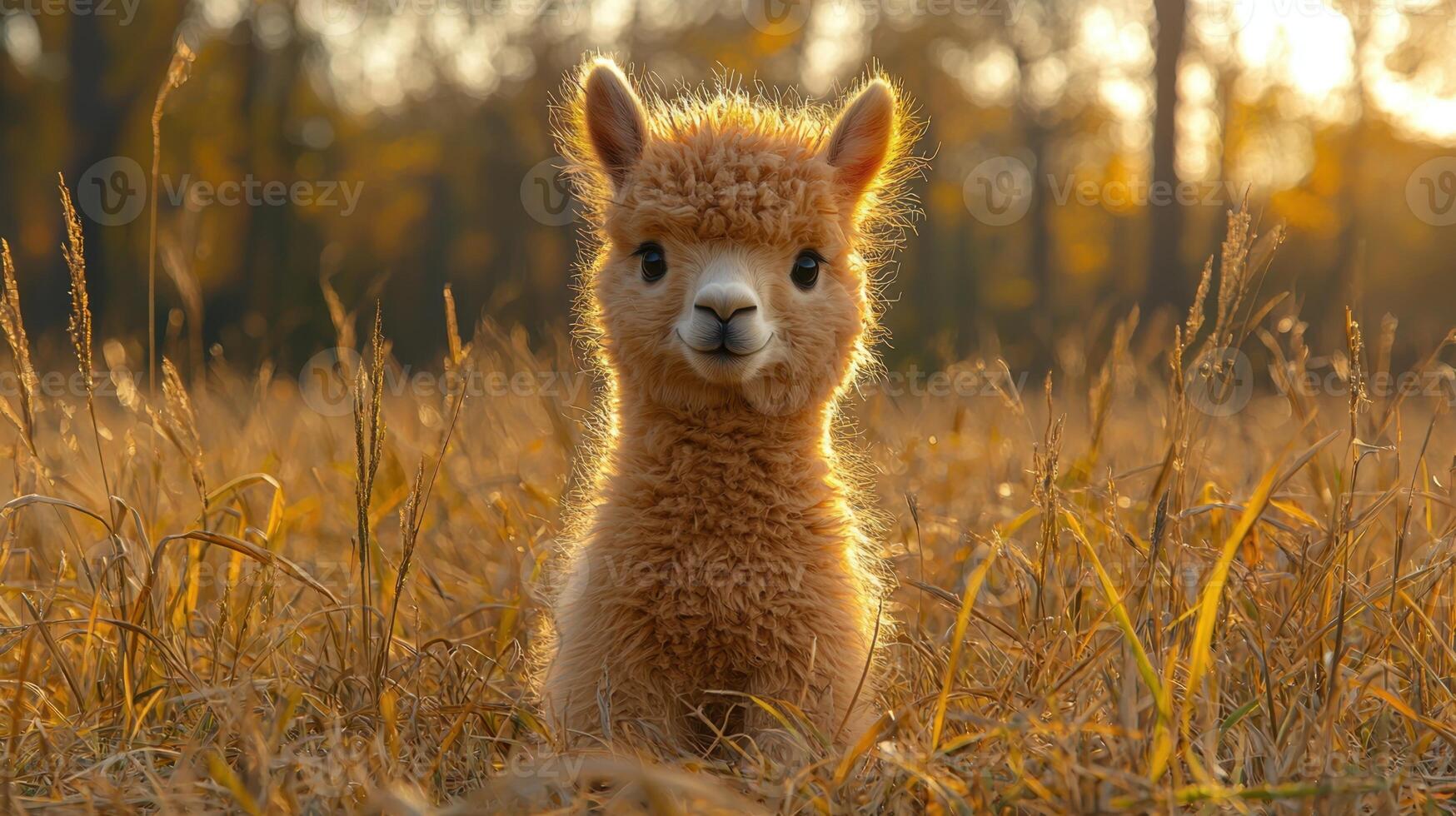 A baby alpaca is standing in a field photo