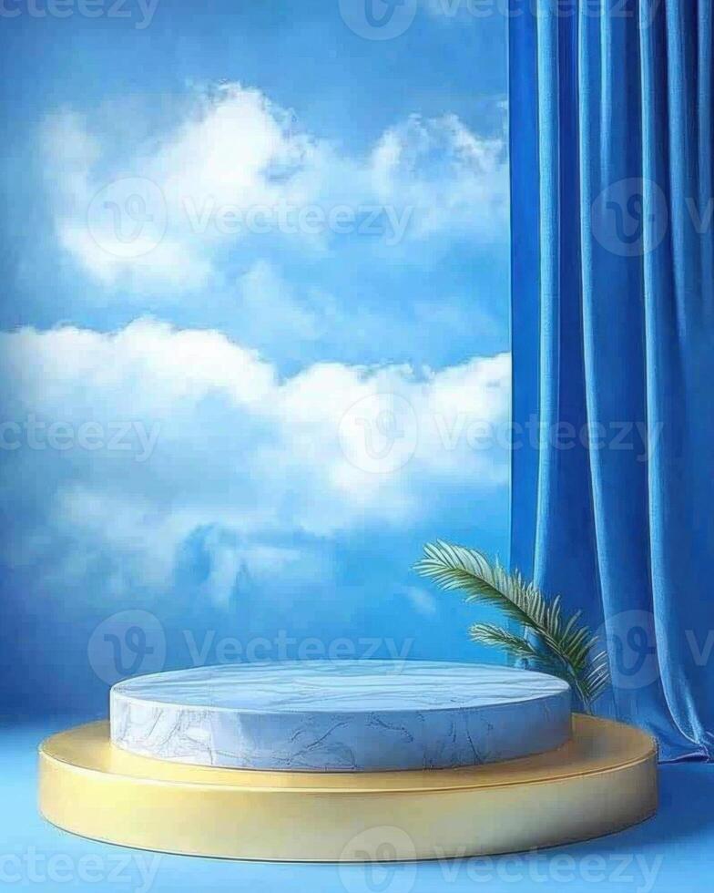 Dreamy sky-inspired podium with blue curtains photo