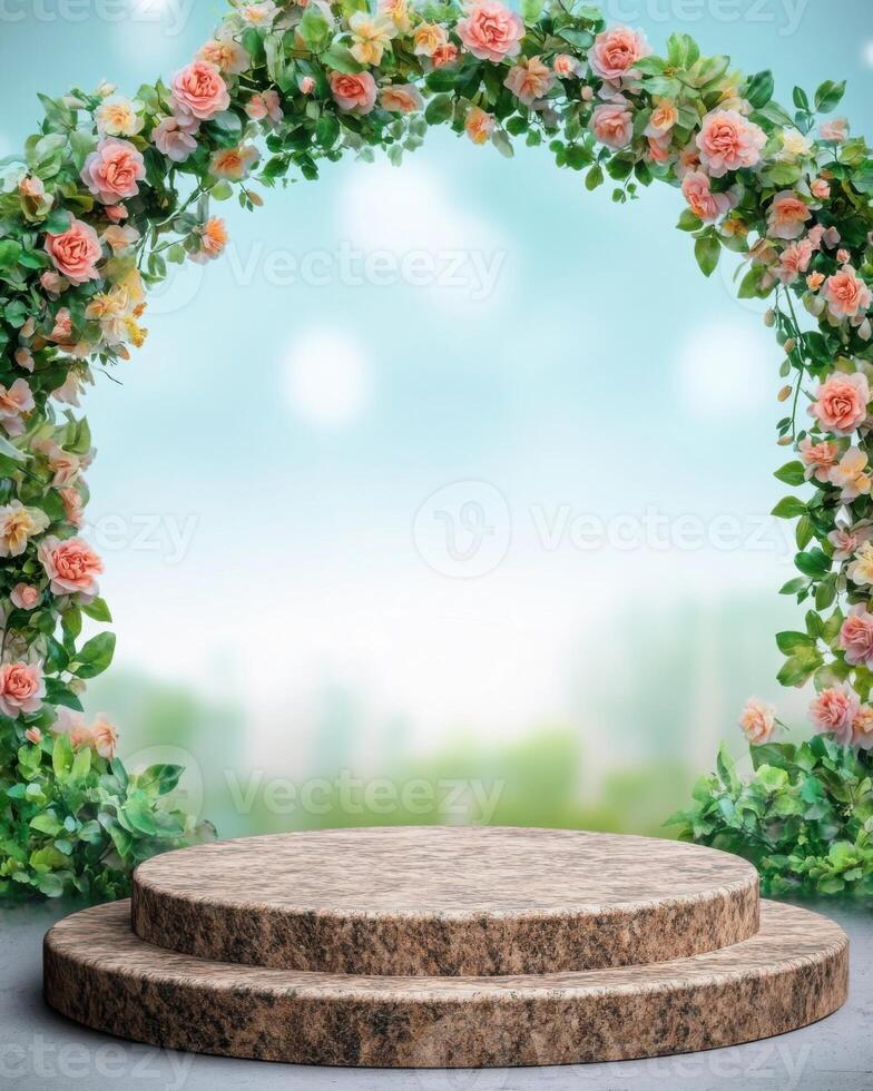 Floral arch with natural stone podium photo