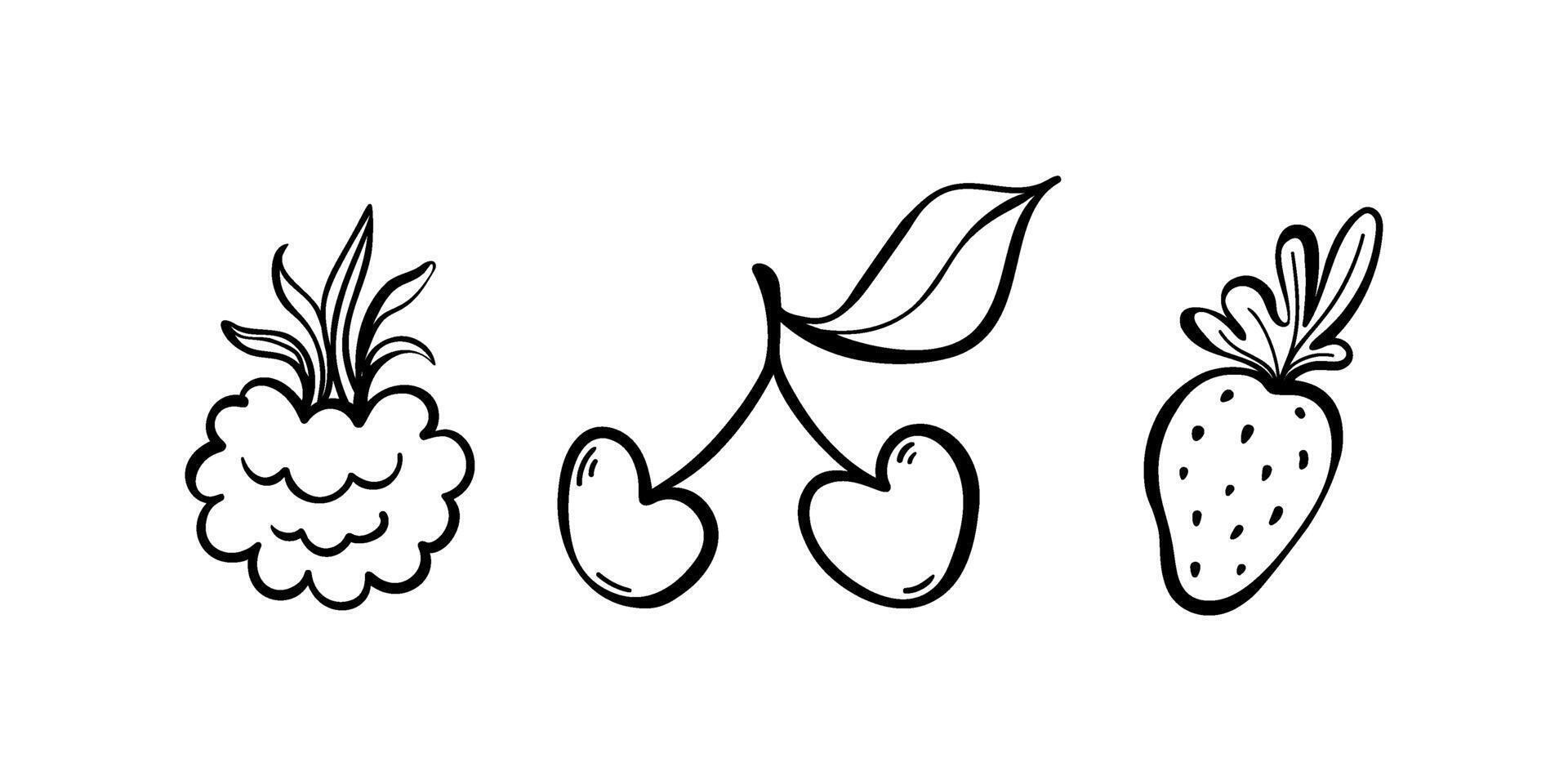 berry doodle mini set. Raspberries, cherries and strawberries outline illustration. Summer garden berries isolated on a white background. vector