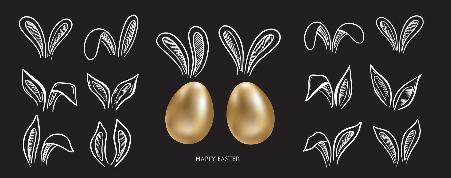 Happy Easter, Rabbits's ears set with gold eggs on black, Hand drawn illustration. vector