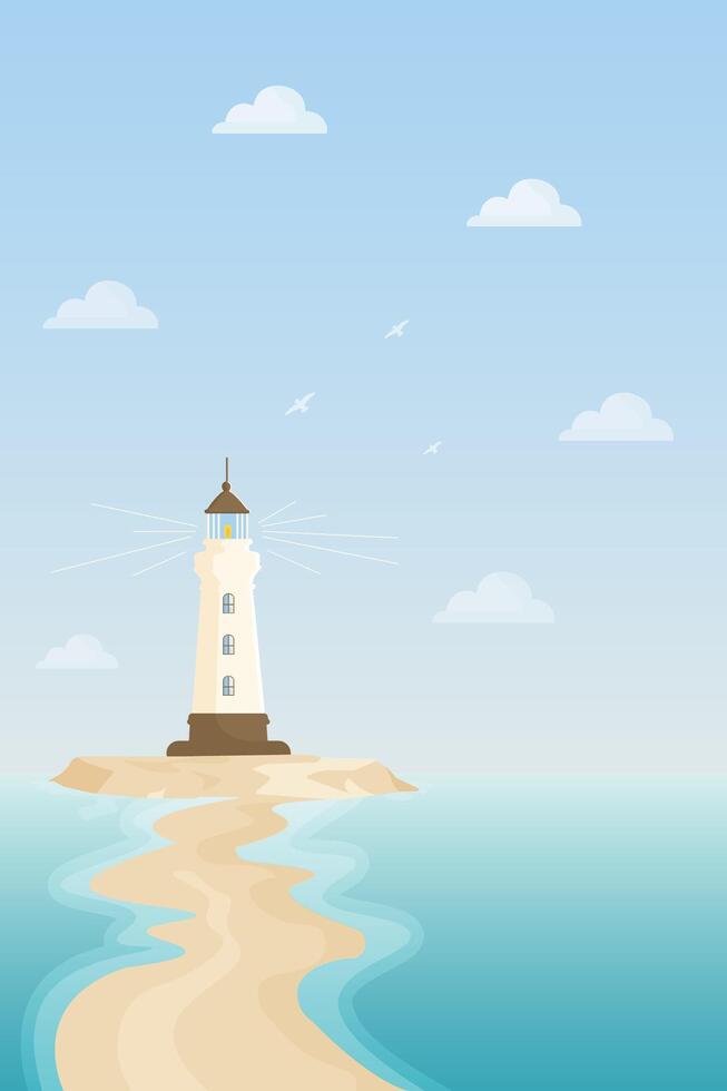 lighthouse on a small island flat illustration. vector