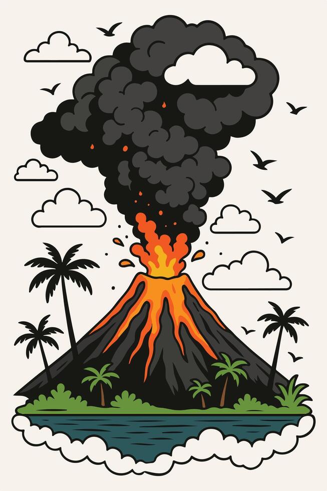 Erupting Volcano Cartoon Illustration with Lava, Smoke, and Palm Trees vector