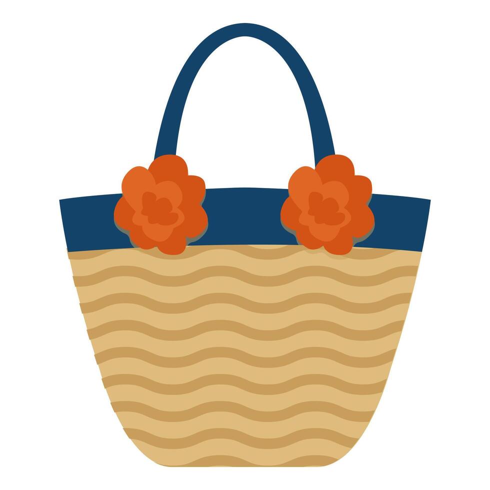 Woven Beach Bag with Blue Strap and Orange Flowers Illustration Image vector