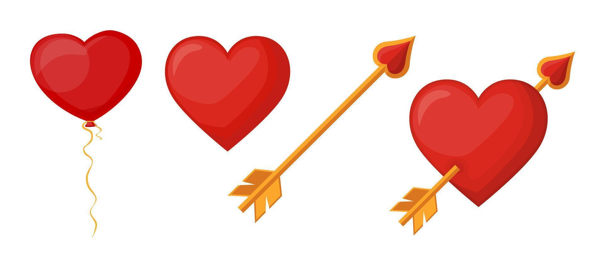 Valentine Set of Red Hearts, Balloon, and Cupid Arrow vector