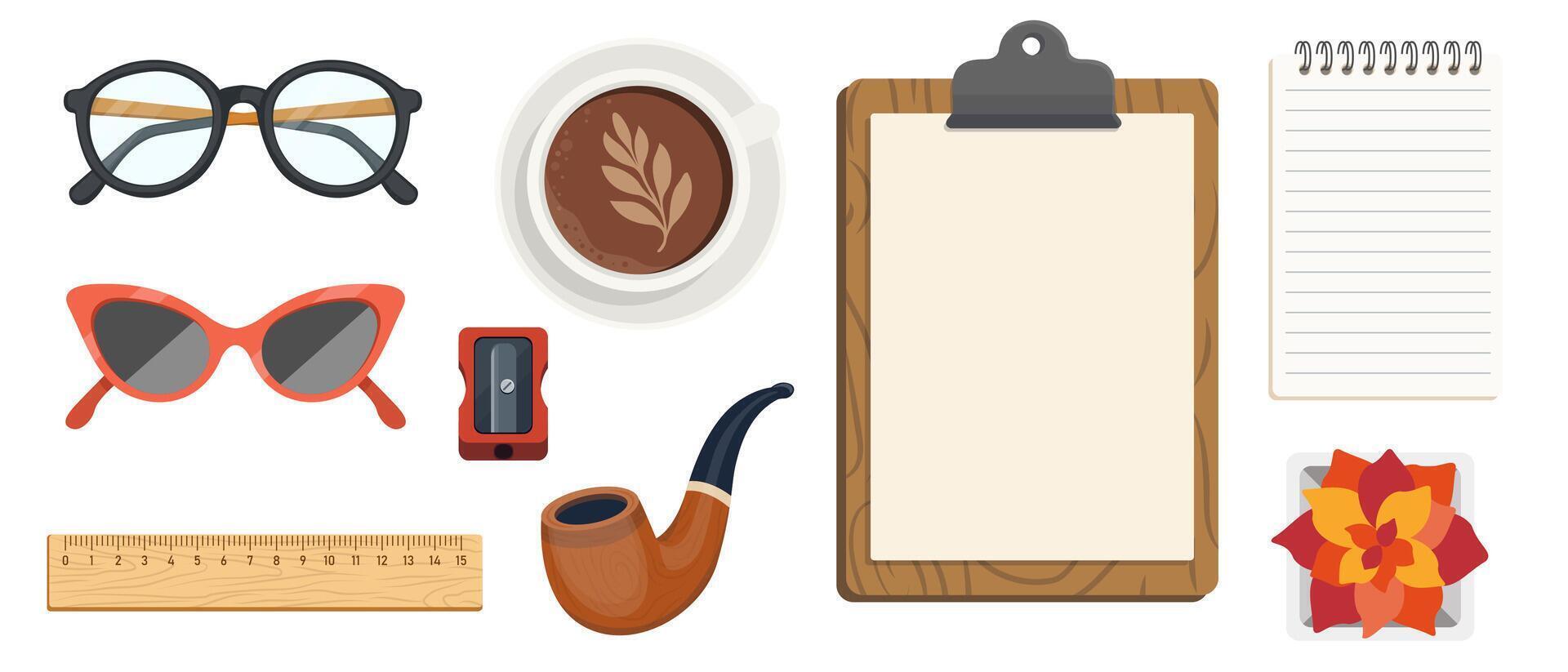Collection of Office and Personal Items Including Glasses, Coffee, and Stationery vector