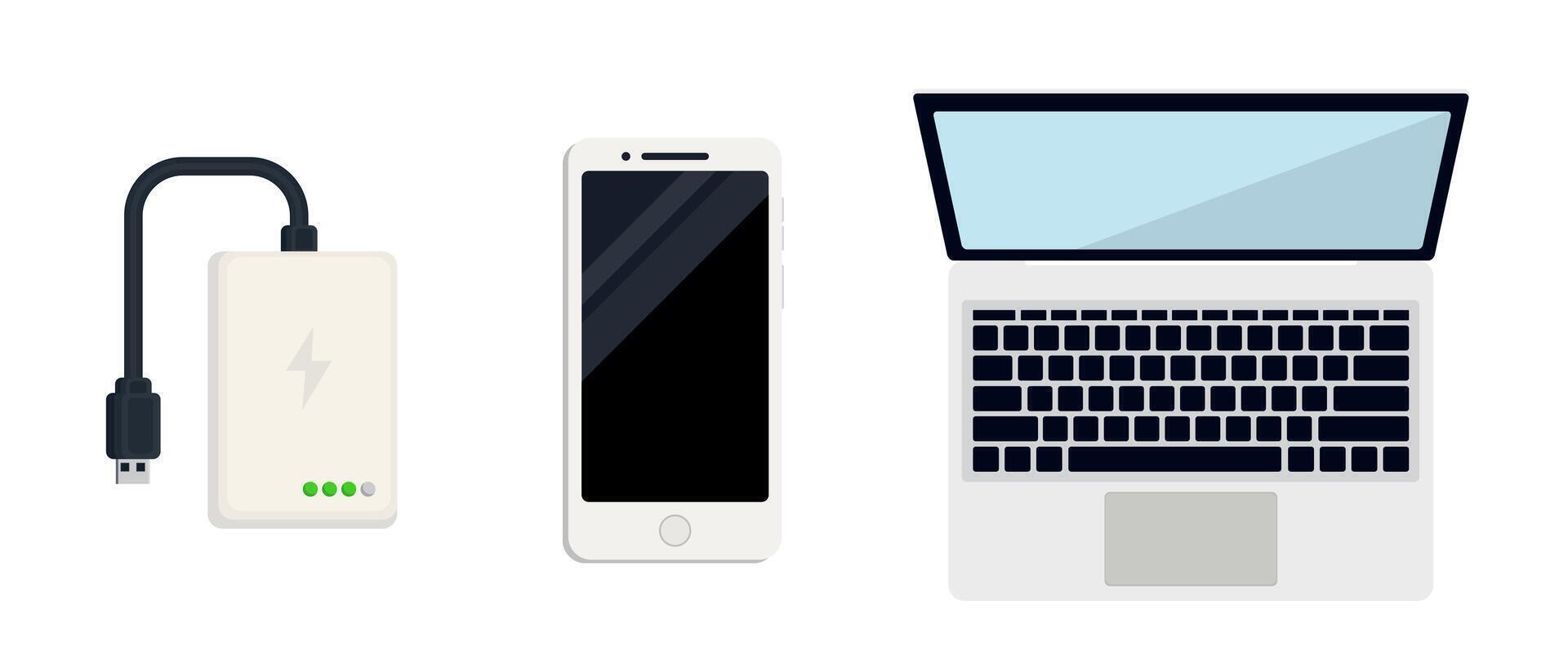 Portable Power Bank, Smartphone, and Laptop Icon Set vector