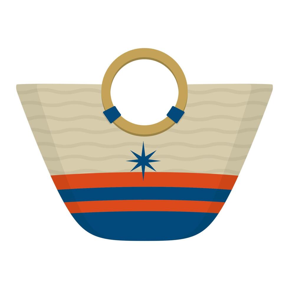 Striped Straw Bag with Round Handles and Nautical Star Design Illustration Image vector