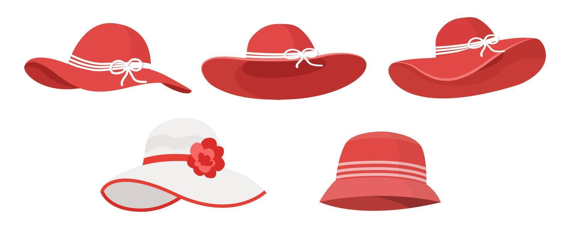 Collection of Red and White Women's Sun Hats with Ribbons and Flowers vector