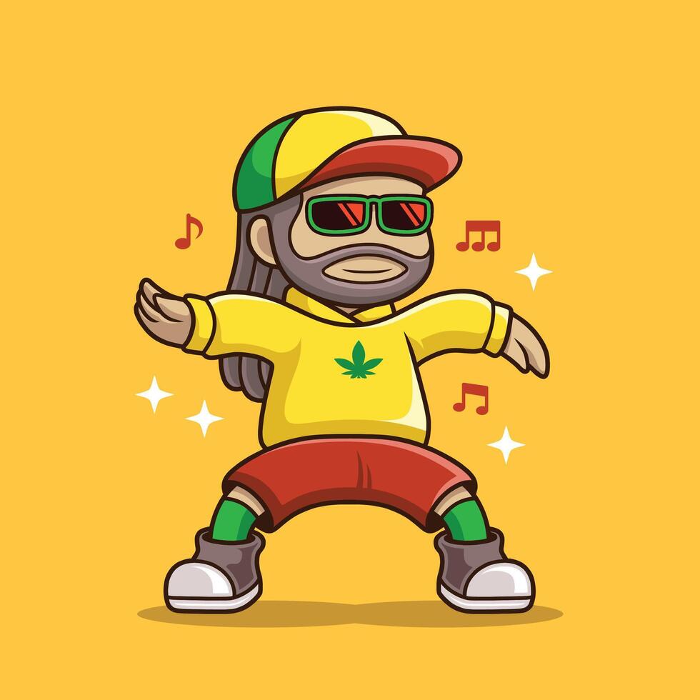 Joyful Rastafarian with long, curly hair dancing to reggae music. Perfect for use as a mascot, sticker, or logo with a vibrant reggae music theme. vector